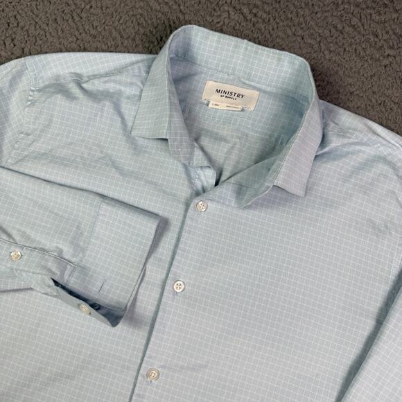 Ministry of Supply Shirt Mens L Blue Plaid Performance Button Slim Fit Stretch - Picture 1 of 11